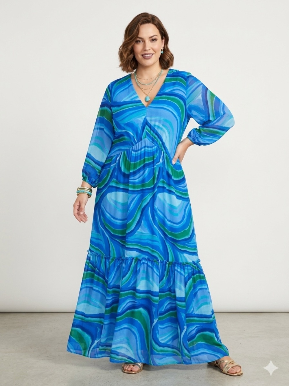 Taylor Blue Abstract Maxi Dress Sheer Sleeve Resort Vacation Boho Plus 20W